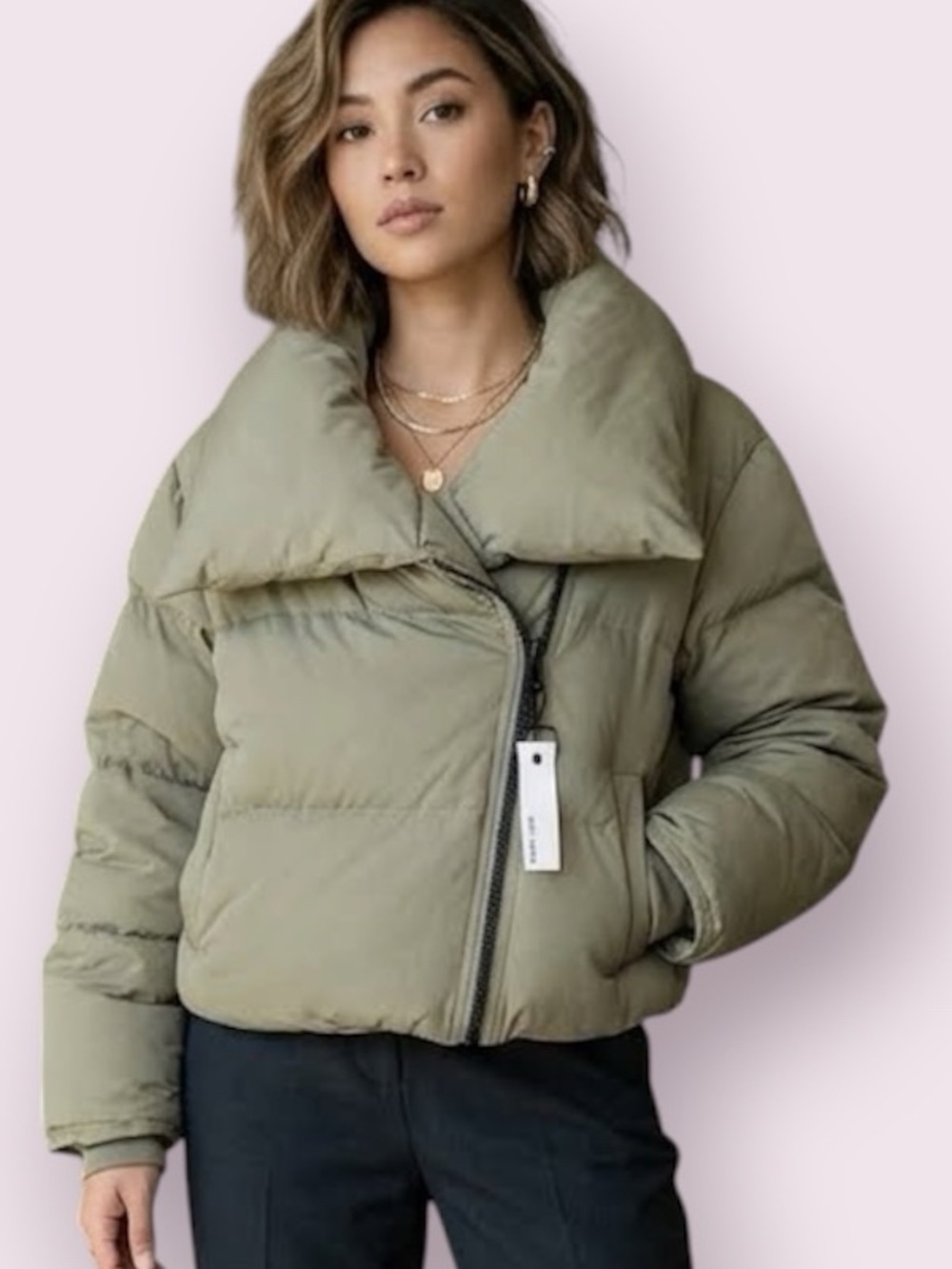 Avec Les Filles Shrunken Crop Puffer Coat Sage Green Size Medium